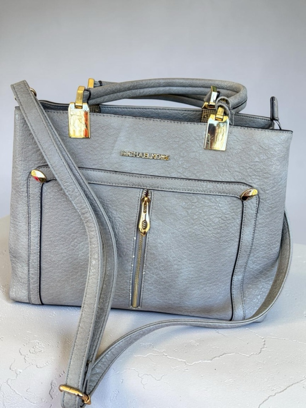 Michael Kors Light Gray Pebbled Leather Satchel with Gold Hardware - Picture 9 of 16